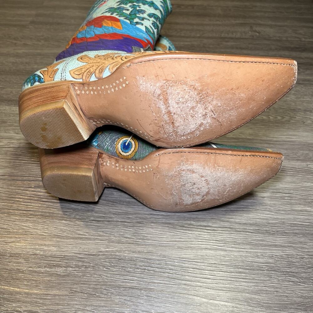 Carrie Cameron Peacock Boots Women's 8.5B Hand Tooled Painted Leather Western - Picture 16 of 16